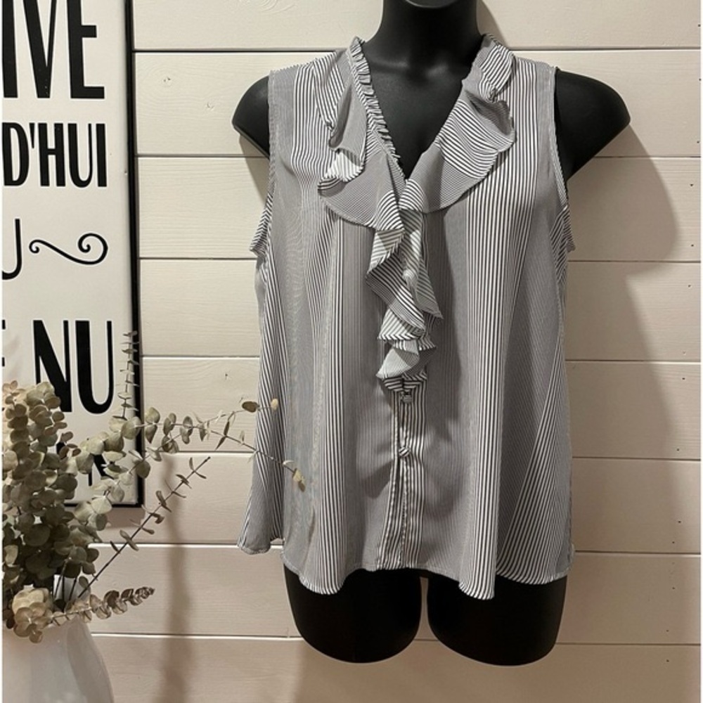 KARL LAGERFELD white & navy stripped blouse with  pretty frills. size XL